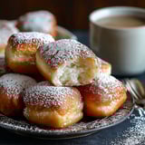A plate of powdered sugar covered beignets.